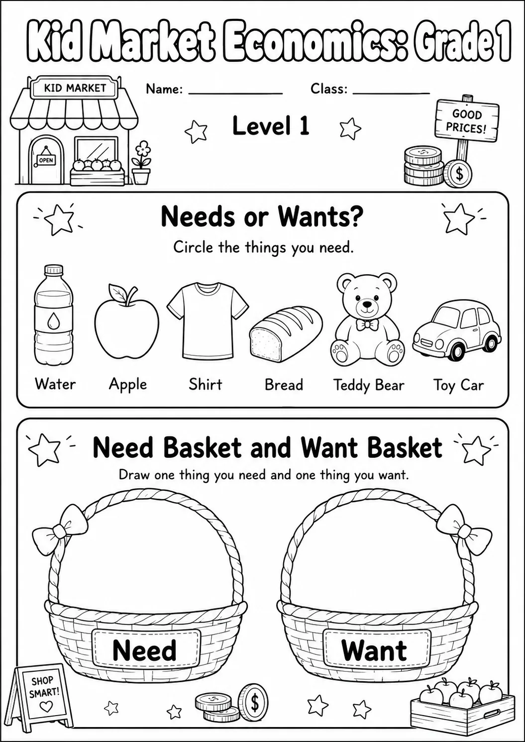 Market Economics: Needs and Wants Worksheet Pack printable Social Studies worksheet preview from KiwiBee