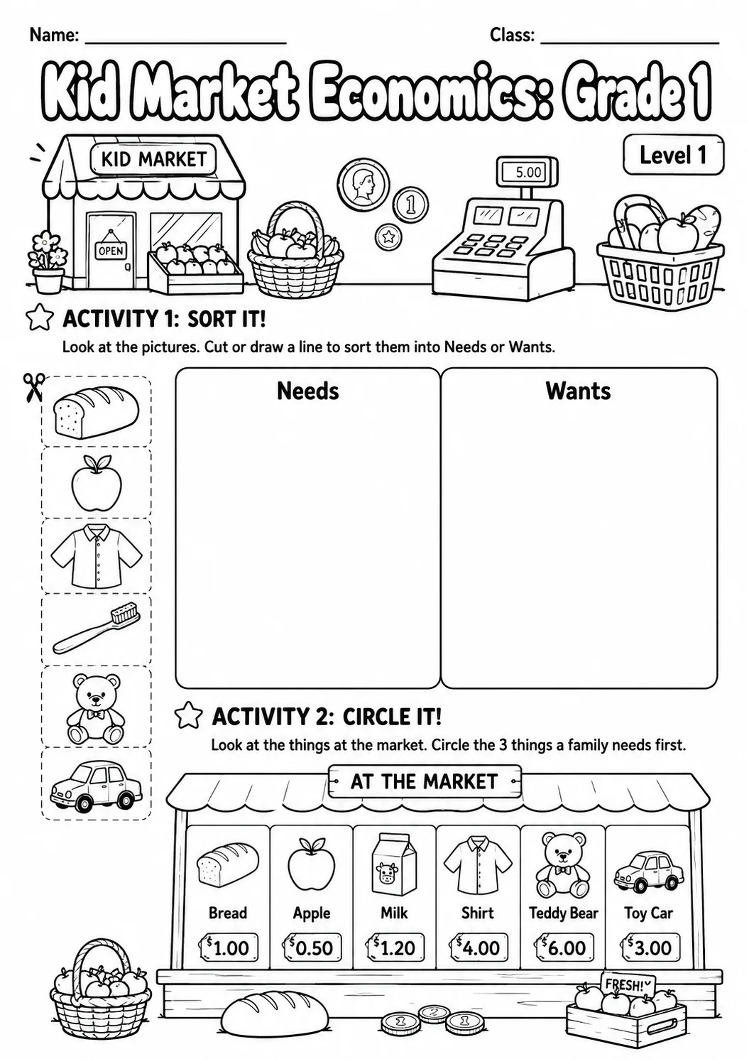 Market Economics: Needs and Wants Worksheet Pack printable Social Studies worksheet preview from KiwiBee