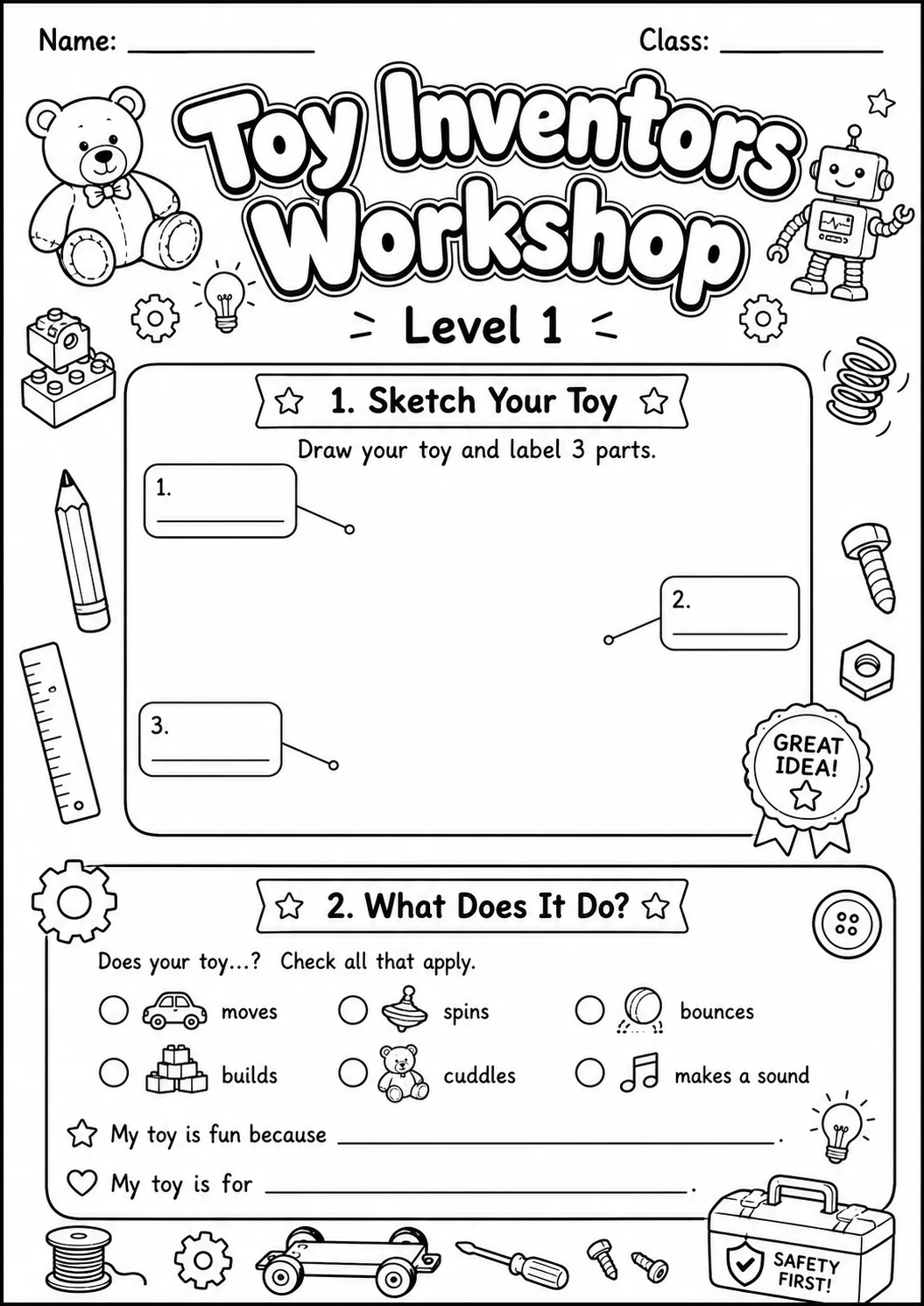 Toy Workshop Design Worksheet Pack printable Technology worksheet preview from KiwiBee