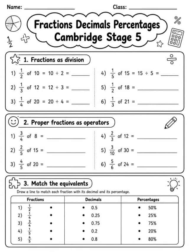Fractions Decimals Percentages Cambridge Stage 5