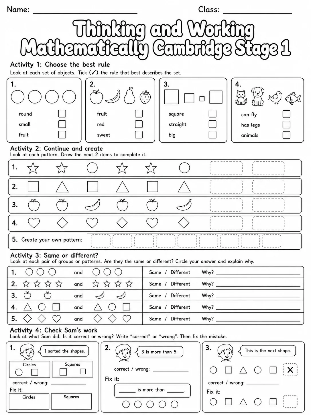 Thinking and Working Mathematically Cambridge Stage 1