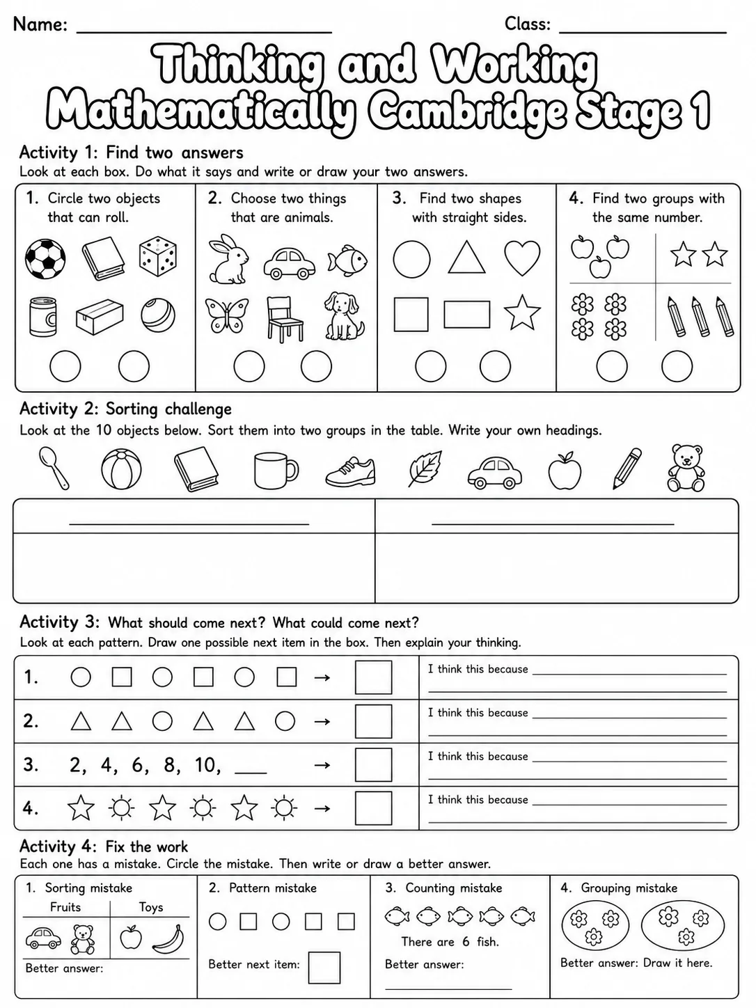 Thinking and Working Mathematically Cambridge Stage 1