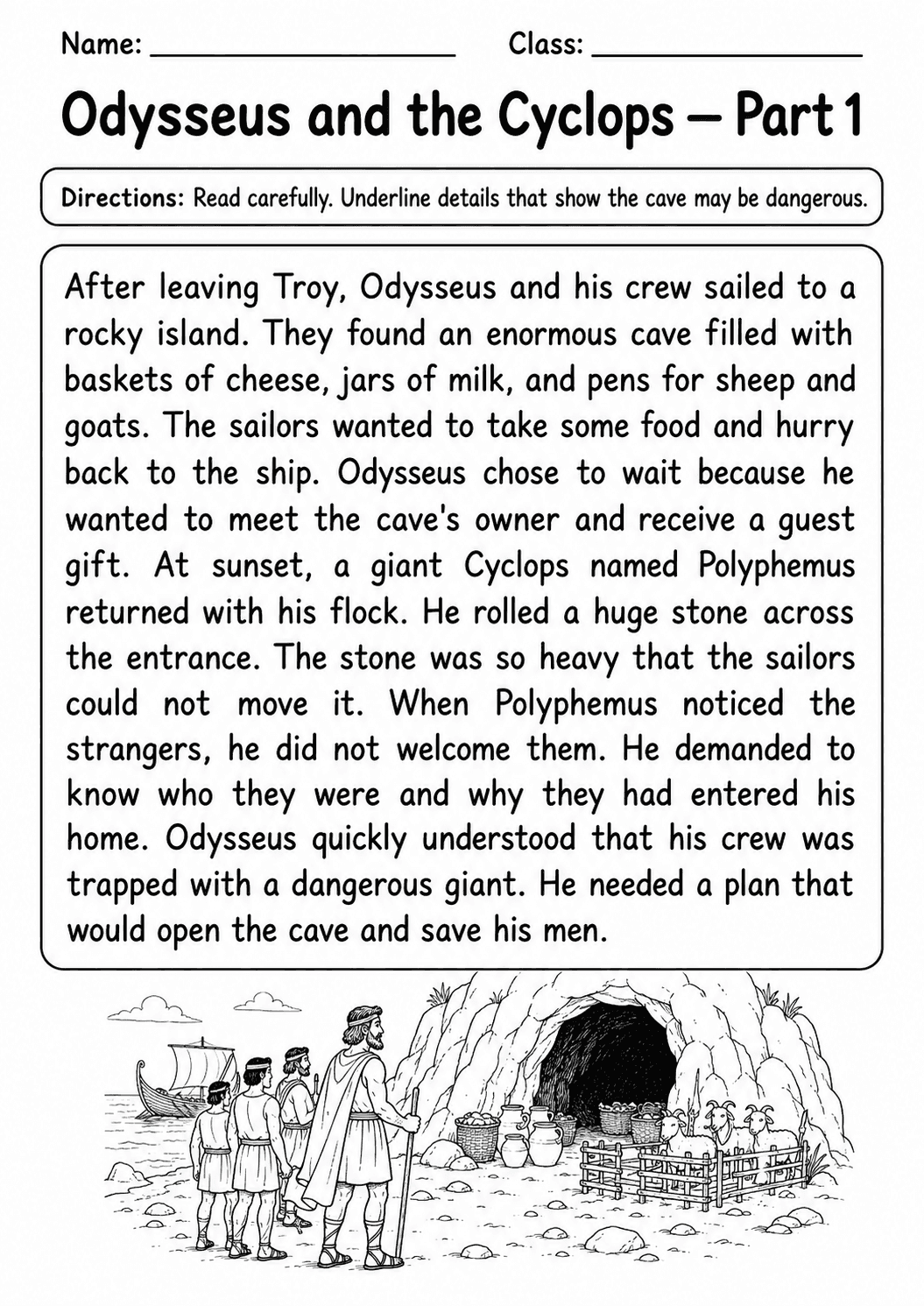 Odysseus and the Cyclops Reading Comprehension | Grade 4 | 8 Pages first reading page