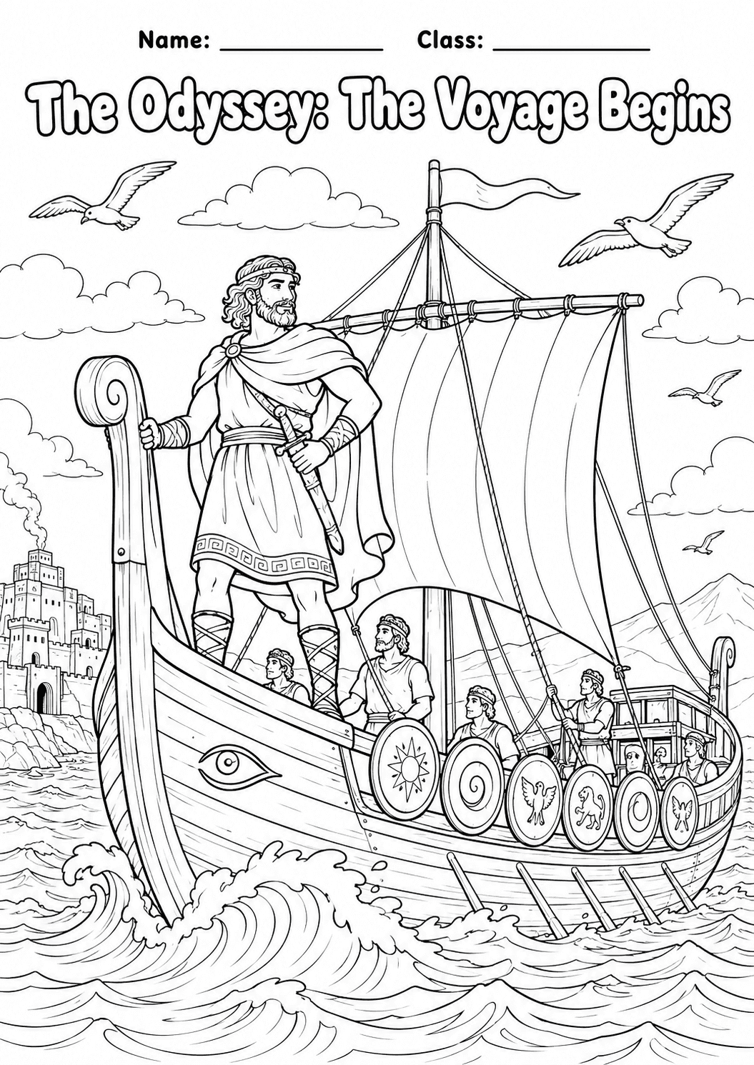 The Odyssey Coloring Pages | 10 Greek Mythology Worksheets | Grades 2-6 first worksheet page