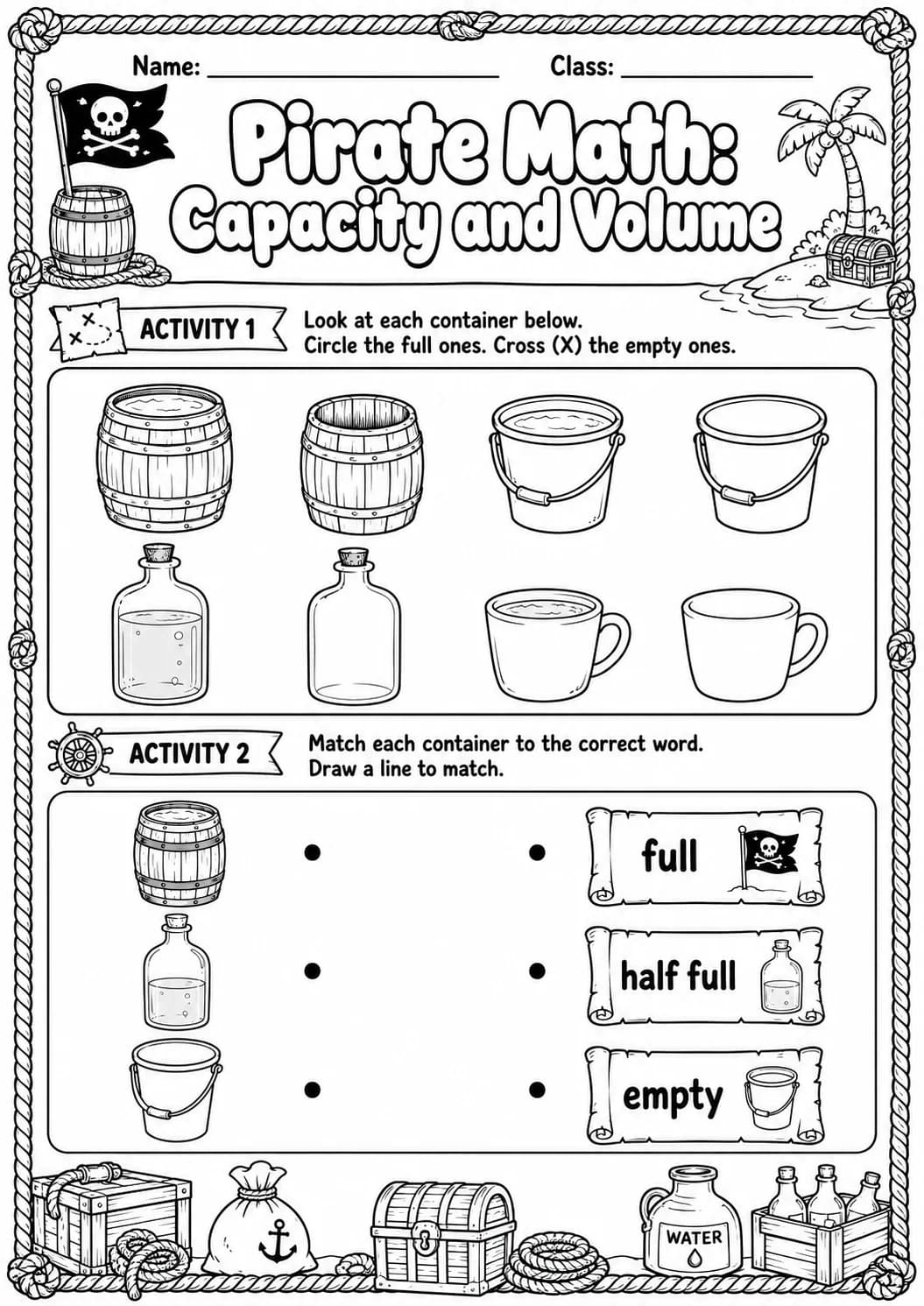 Pirate Math: Capacity and Volume Worksheet Pack printable Pirate Math worksheet preview from KiwiBee