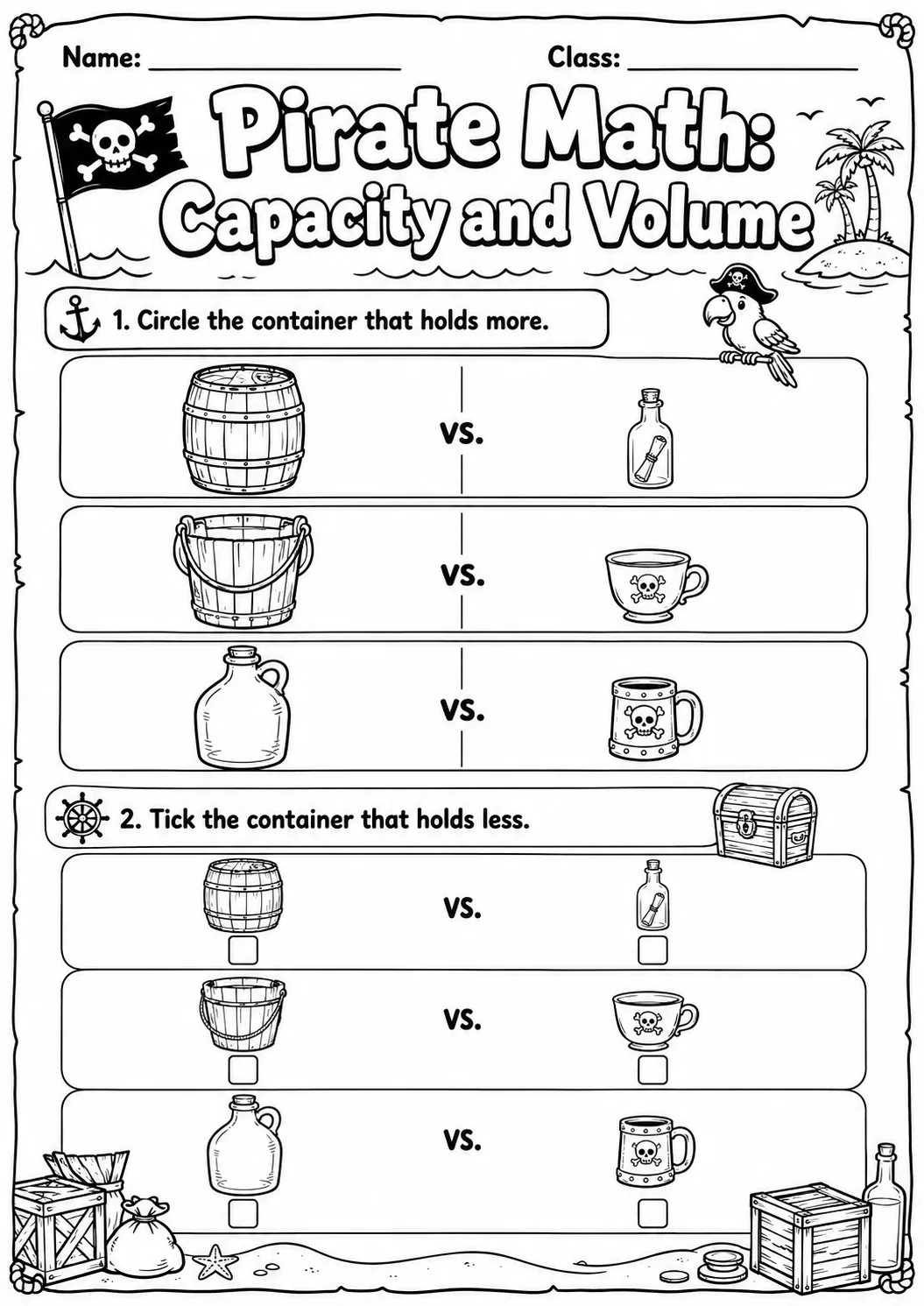 Pirate Math: Capacity and Volume Worksheet Pack page 2 printable Pirate Math preview