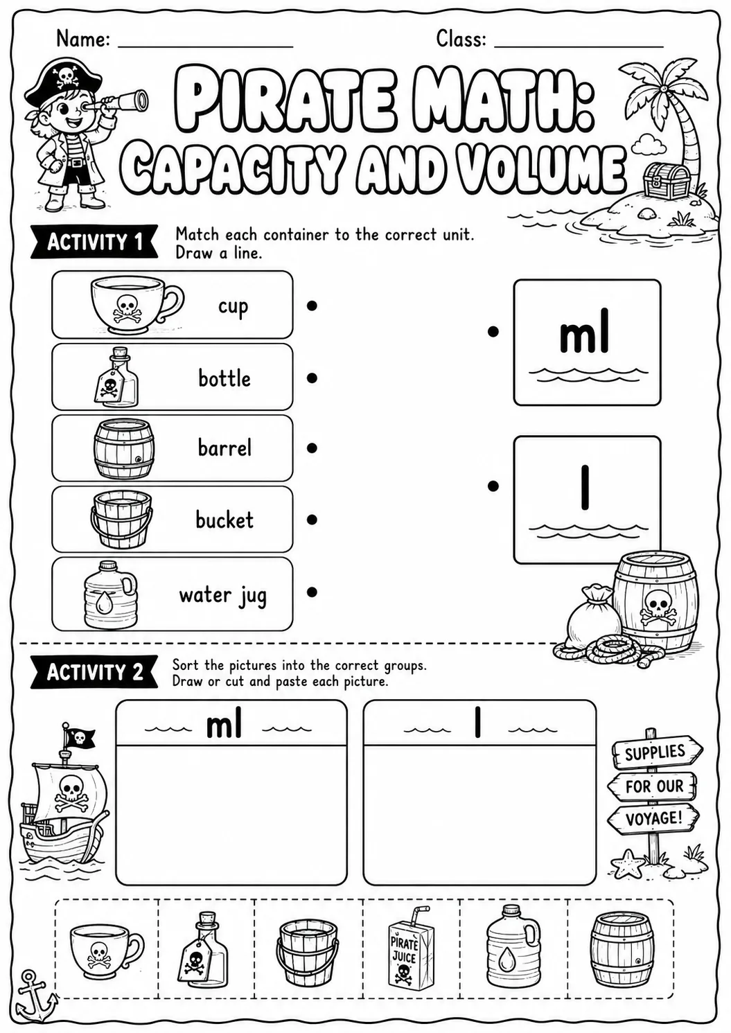 Pirate Math: Capacity and Volume Worksheet Pack page 3 printable Pirate Math preview