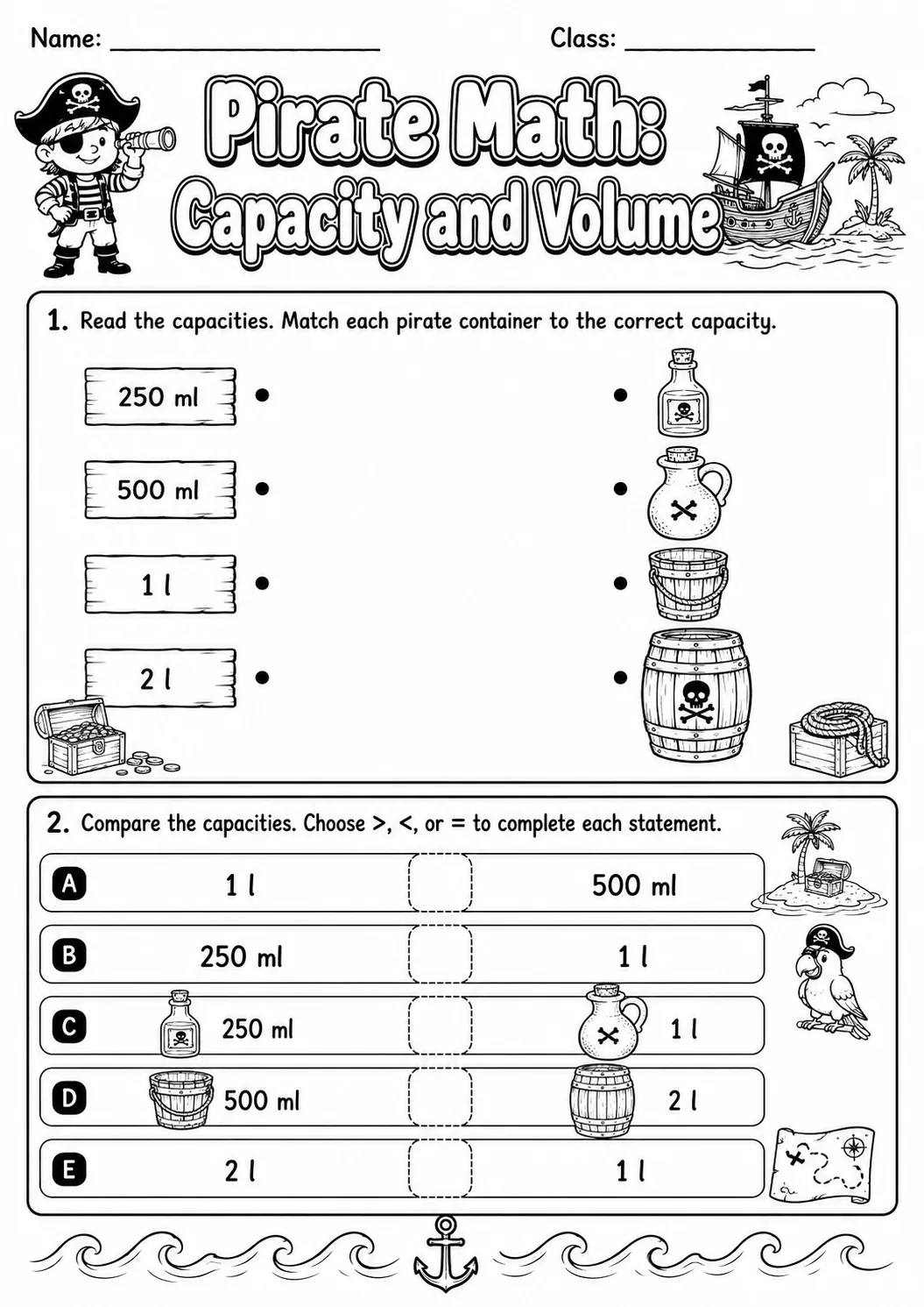 Pirate Math: Capacity and Volume Worksheet Pack page 4 printable Pirate Math preview