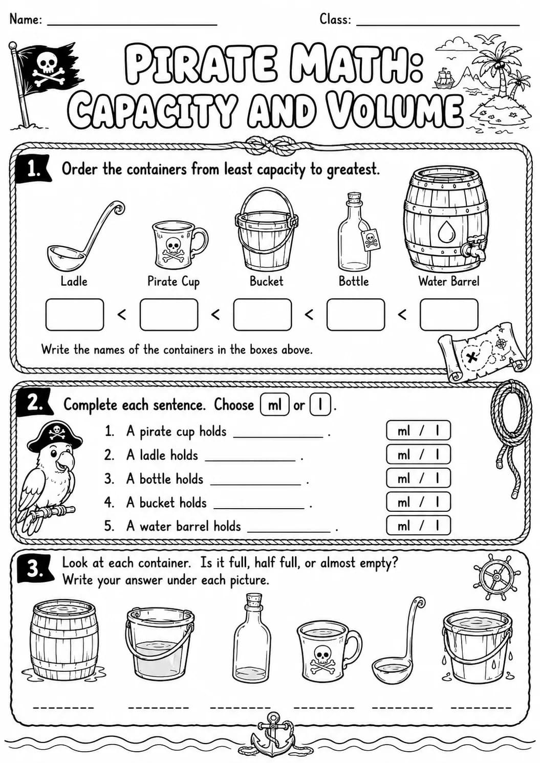 Pirate Math: Capacity and Volume Worksheet Pack page 5 printable Pirate Math preview