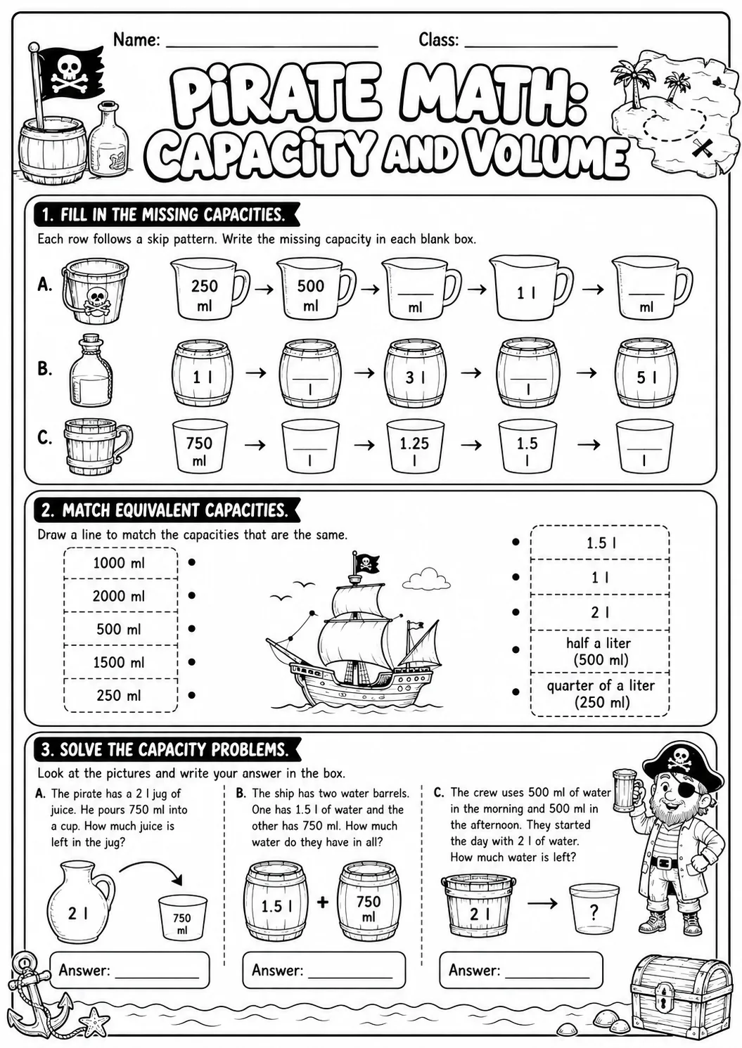 Pirate Math: Capacity and Volume Worksheet Pack page 6 printable Pirate Math preview