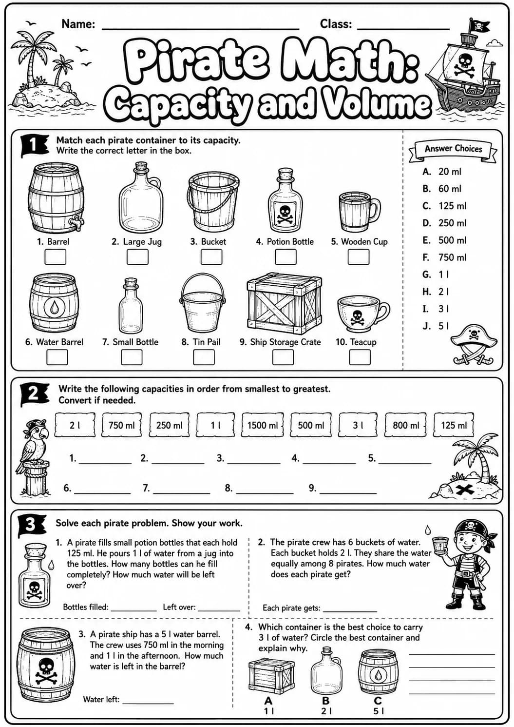 Pirate Math: Capacity and Volume Worksheet Pack page 7 printable Pirate Math preview