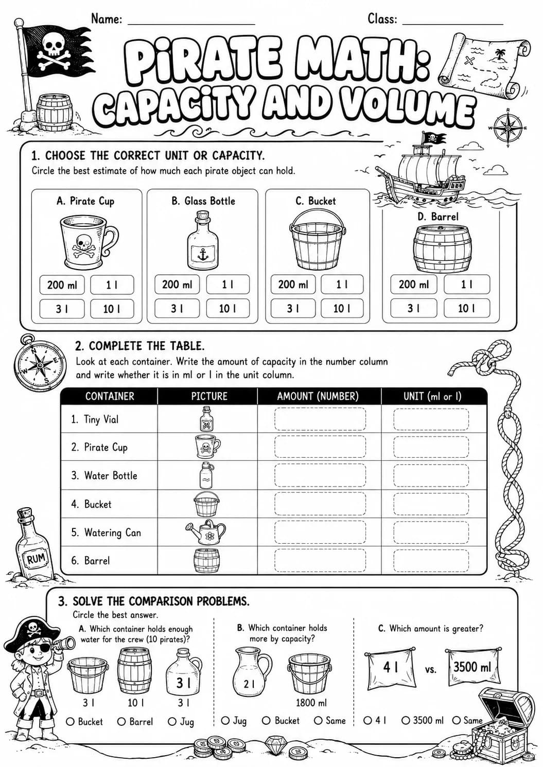 Pirate Math: Capacity and Volume Worksheet Pack page 8 printable Pirate Math preview