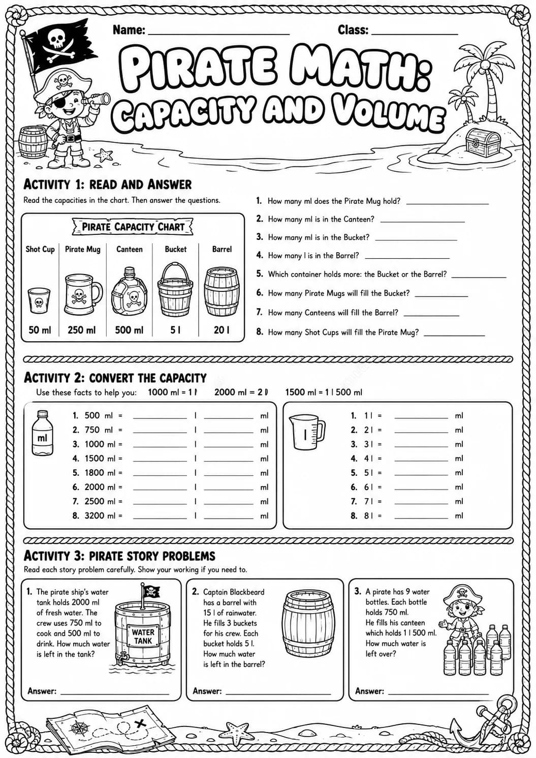 Pirate Math: Capacity and Volume Worksheet Pack page 9 printable Pirate Math preview
