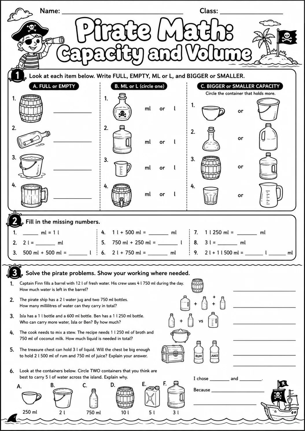 Pirate Math: Capacity and Volume Worksheet Pack page 10 printable Pirate Math preview