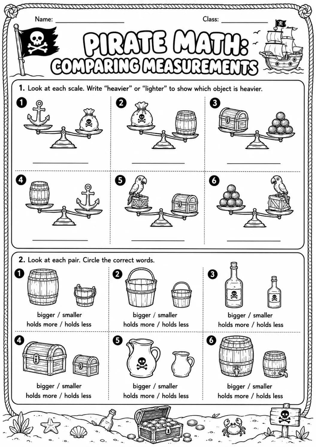 Pirate Math: Capacity and Volume Worksheet Pack page 2 printable Pirate Math preview