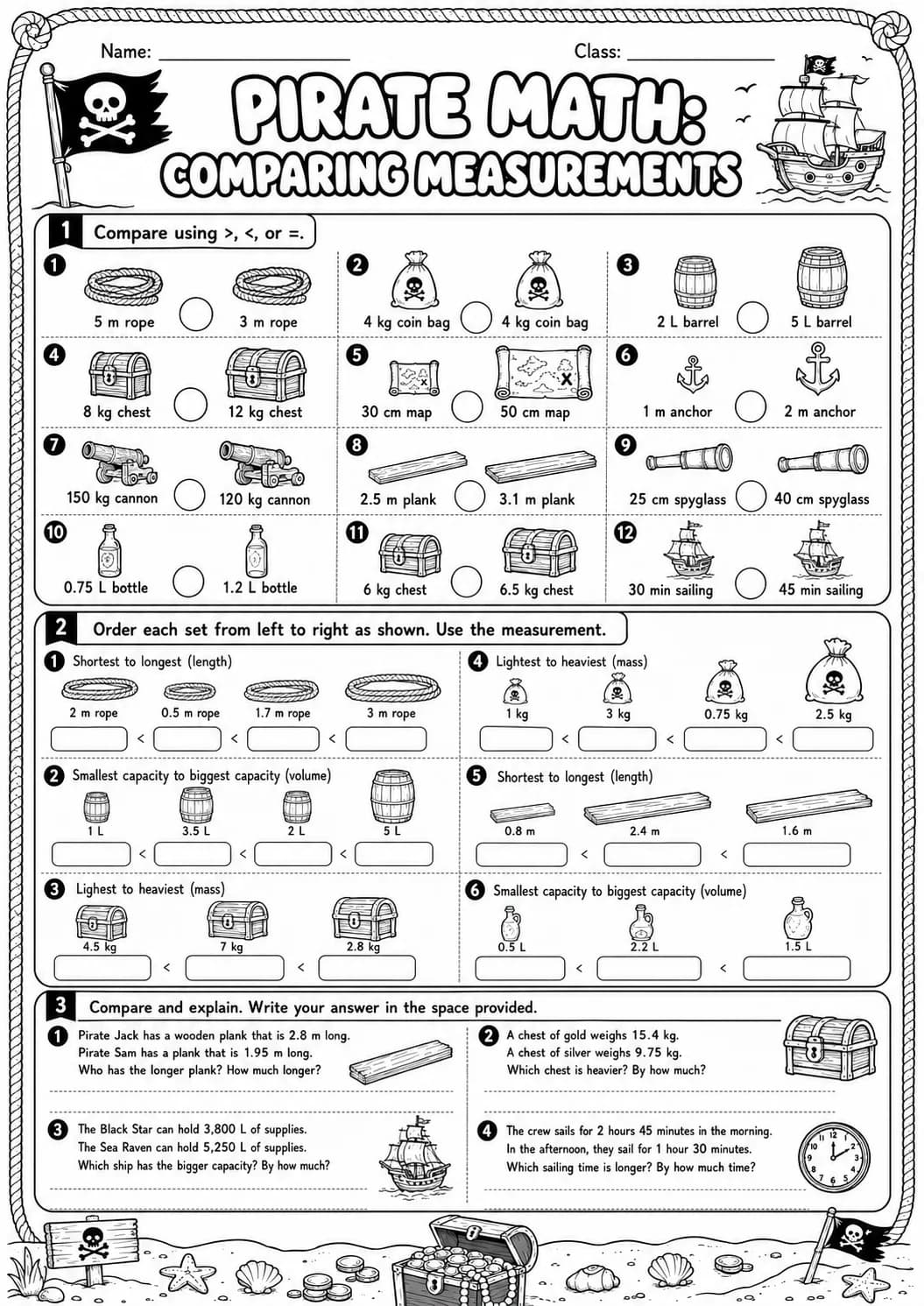 Pirate Math: Capacity and Volume Worksheet Pack page 7 printable Pirate Math preview