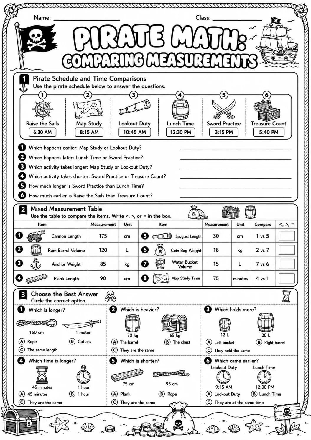 Pirate Math: Capacity and Volume Worksheet Pack page 8 printable Pirate Math preview