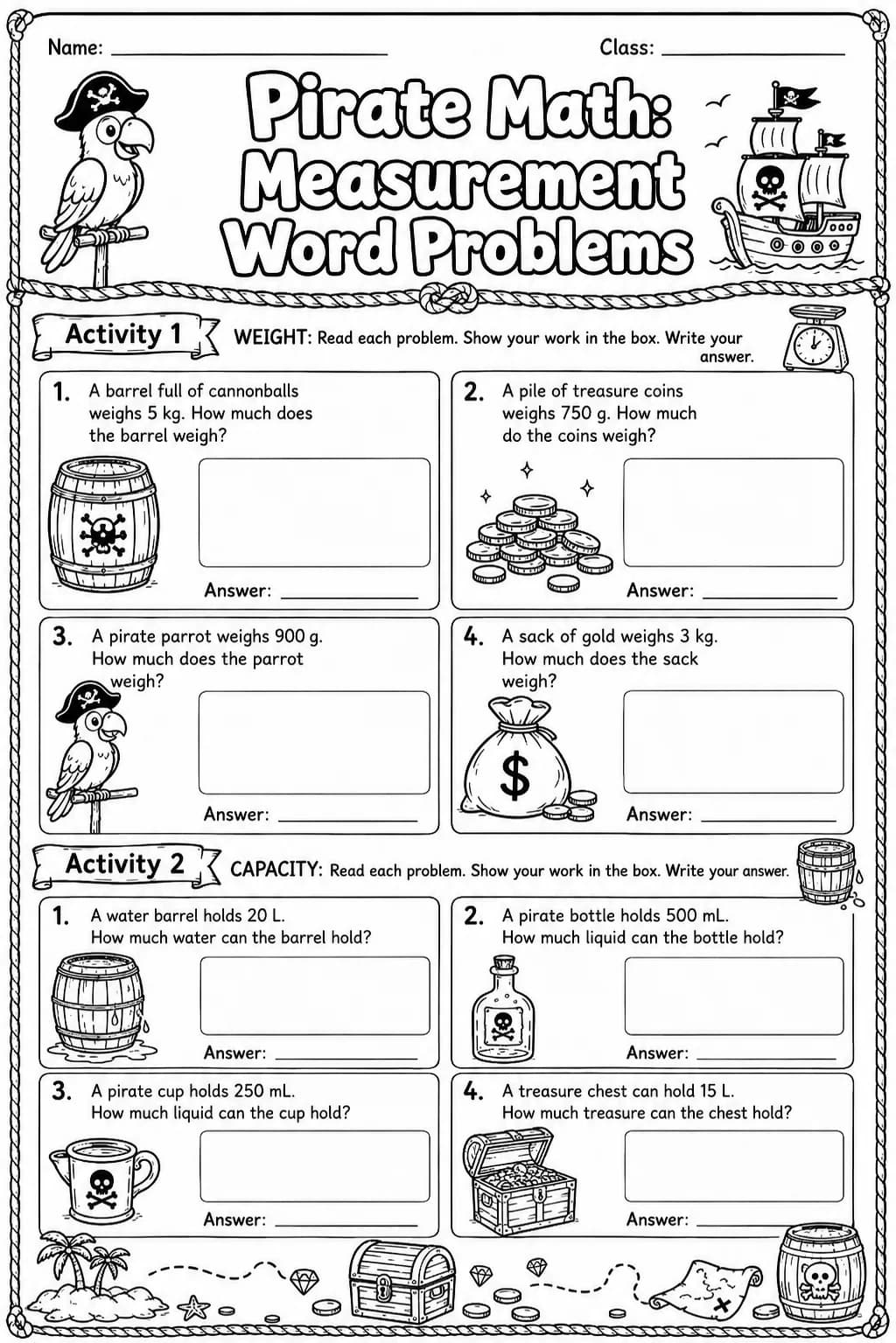 Pirate Math: Capacity and Volume Worksheet Pack page 2 printable Pirate Math preview