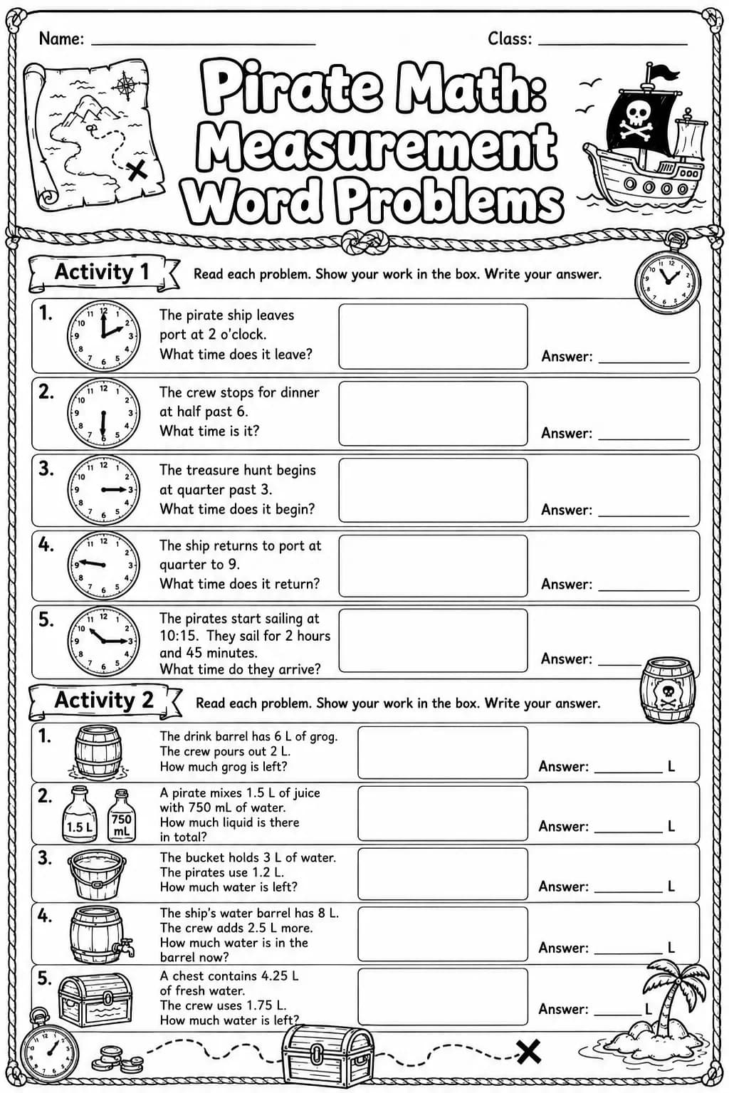 Pirate Math: Capacity and Volume Worksheet Pack page 5 printable Pirate Math preview