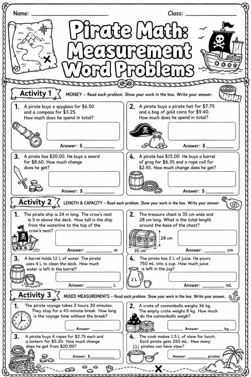 Pirate Math: Capacity and Volume Worksheet Pack page 6 printable Pirate Math preview