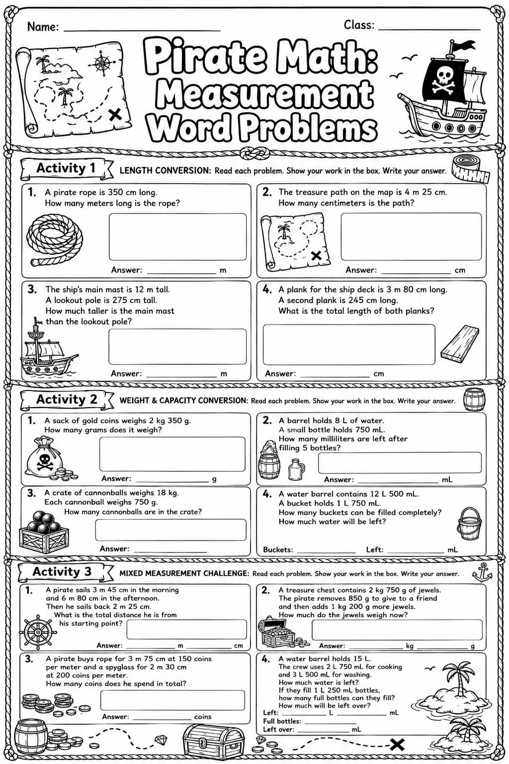 Pirate Math: Capacity and Volume Worksheet Pack page 8 printable Pirate Math preview