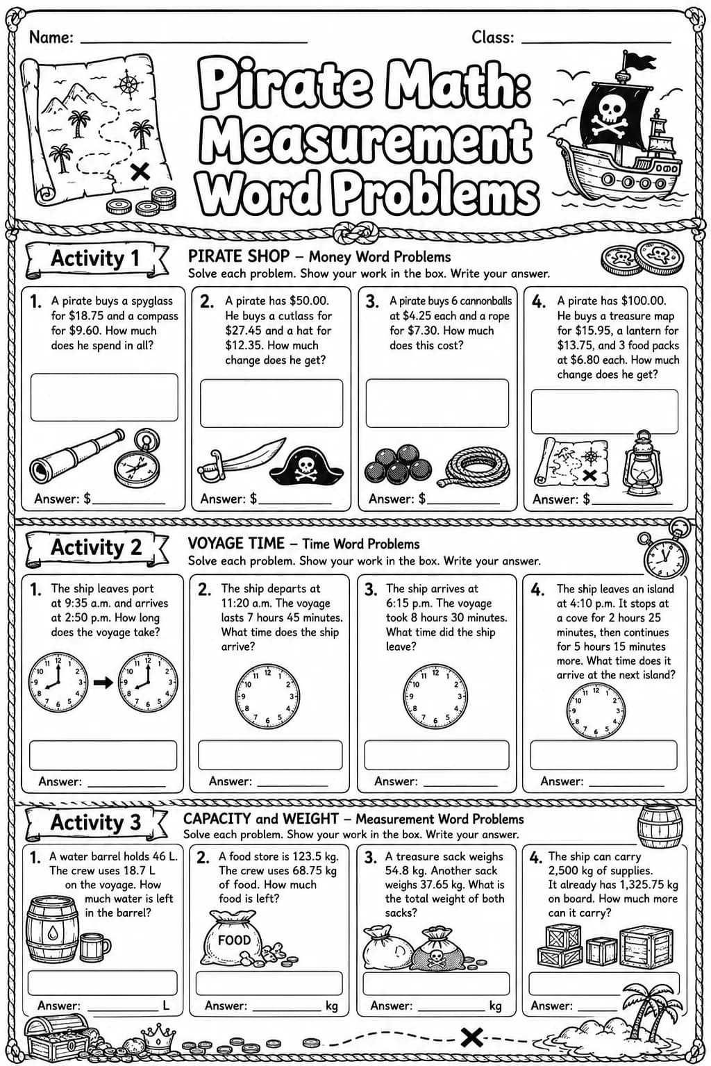 Pirate Math: Capacity and Volume Worksheet Pack page 9 printable Pirate Math preview