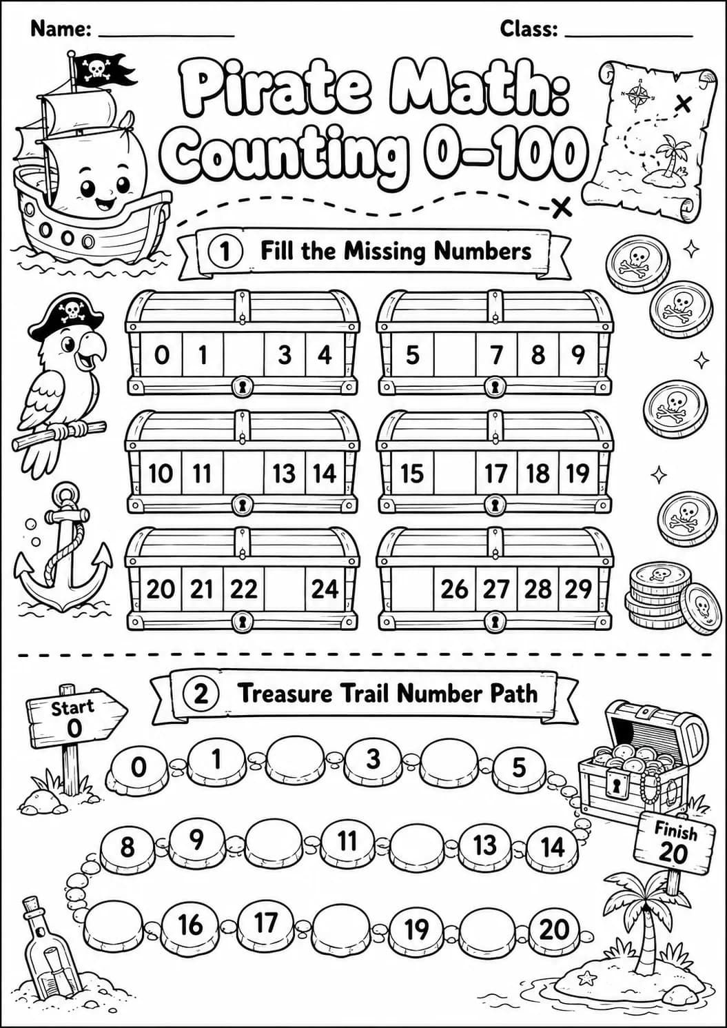 Pirate Math: Counting to 100 Worksheet Pack printable Pirate Math worksheet preview from KiwiBee
