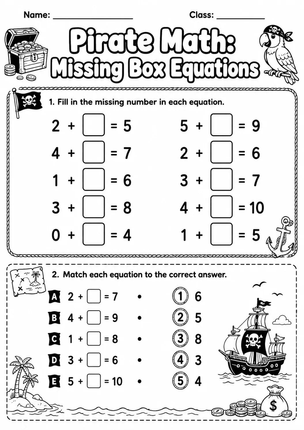 Pirate Math: Missing Box Equations Worksheet Pack printable Pirate Math worksheet preview from KiwiBee