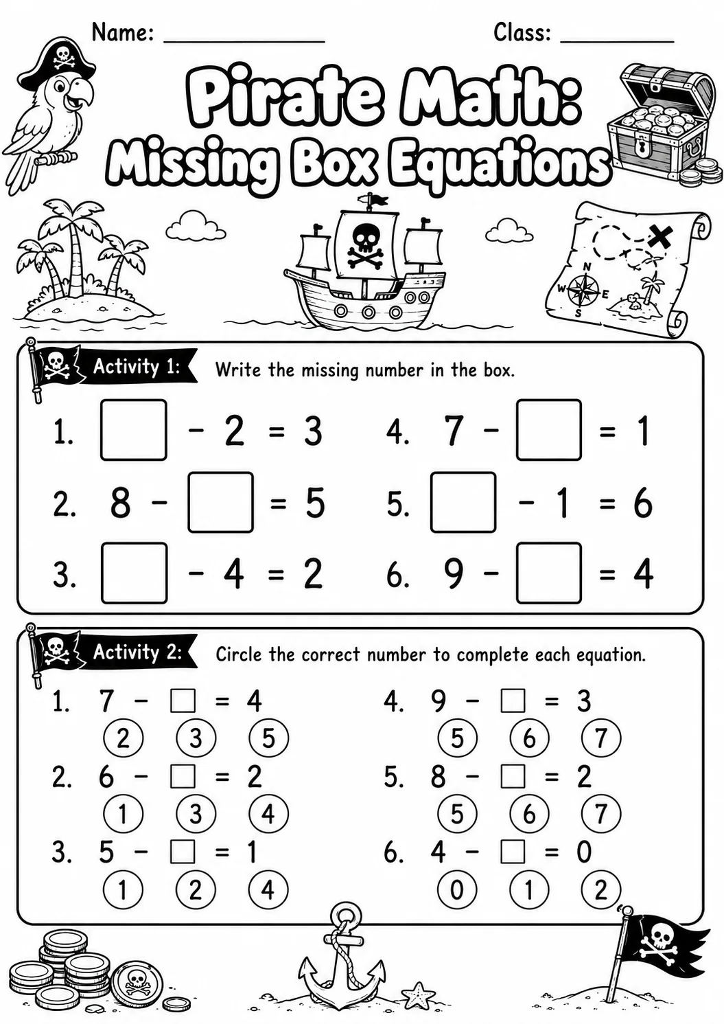 Pirate Math: Missing Box Equations Worksheet Pack page 2 printable Pirate Math preview