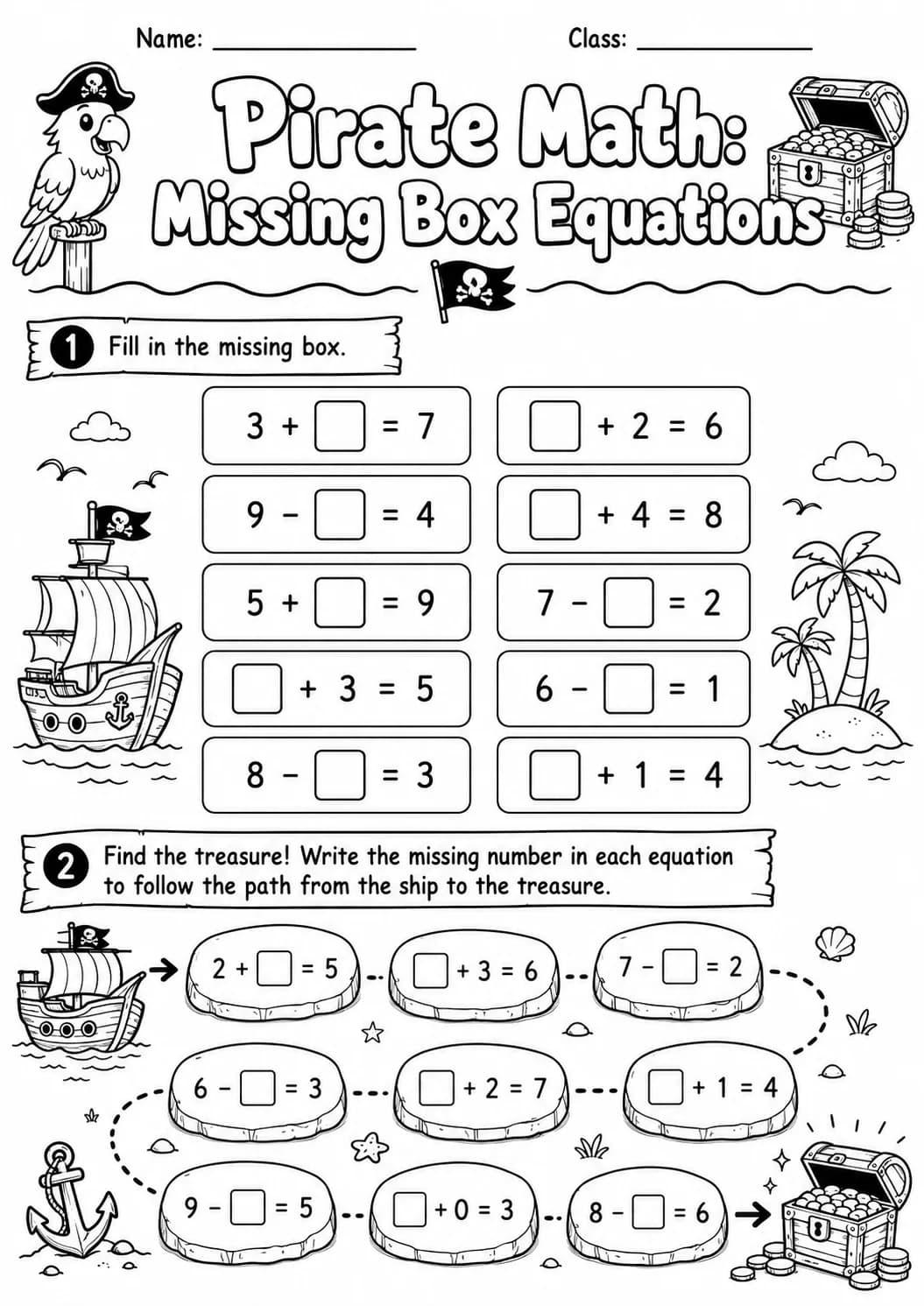 Pirate Math: Missing Box Equations Worksheet Pack page 3 printable Pirate Math preview