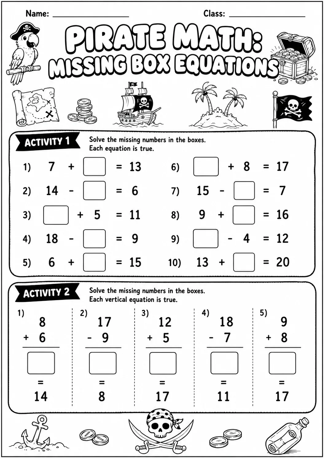 Pirate Math: Missing Box Equations Worksheet Pack page 4 printable Pirate Math preview