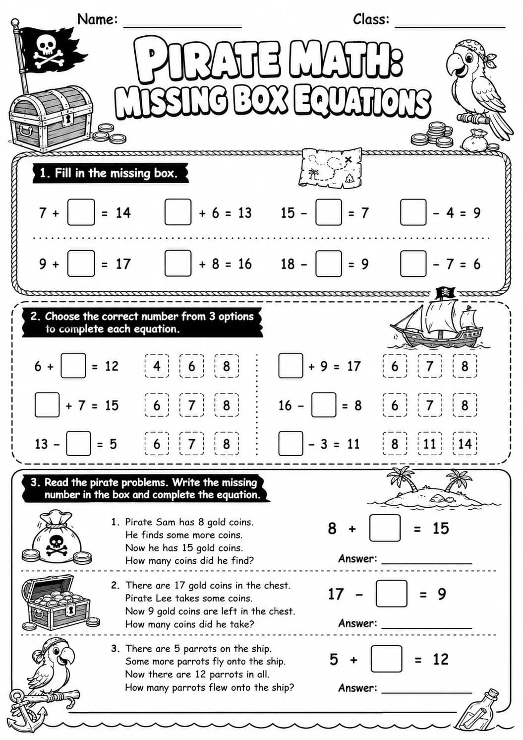 Pirate Math: Missing Box Equations Worksheet Pack page 5 printable Pirate Math preview