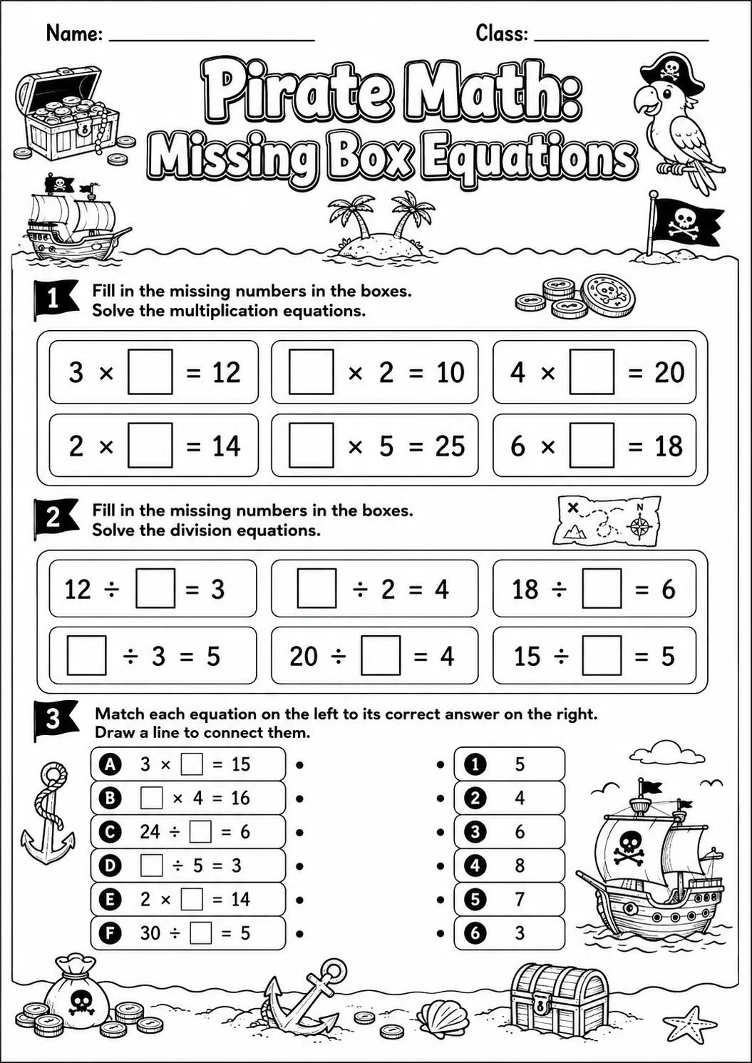 Pirate Math: Missing Box Equations Worksheet Pack page 6 printable Pirate Math preview