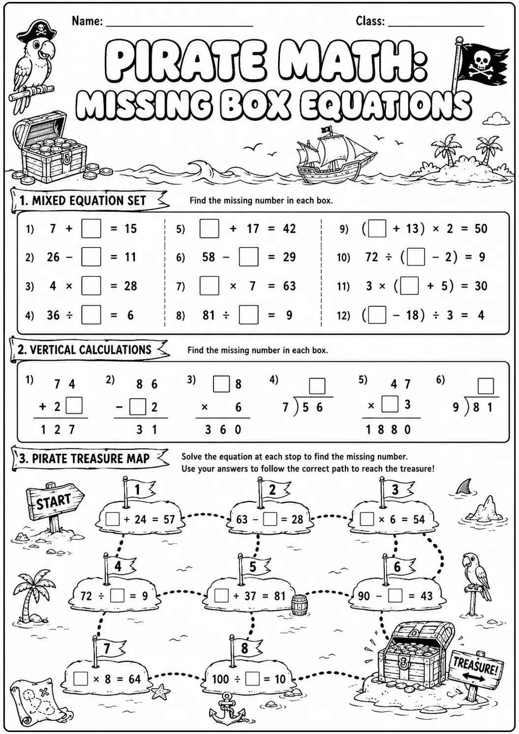 Pirate Math: Missing Box Equations Worksheet Pack page 7 printable Pirate Math preview