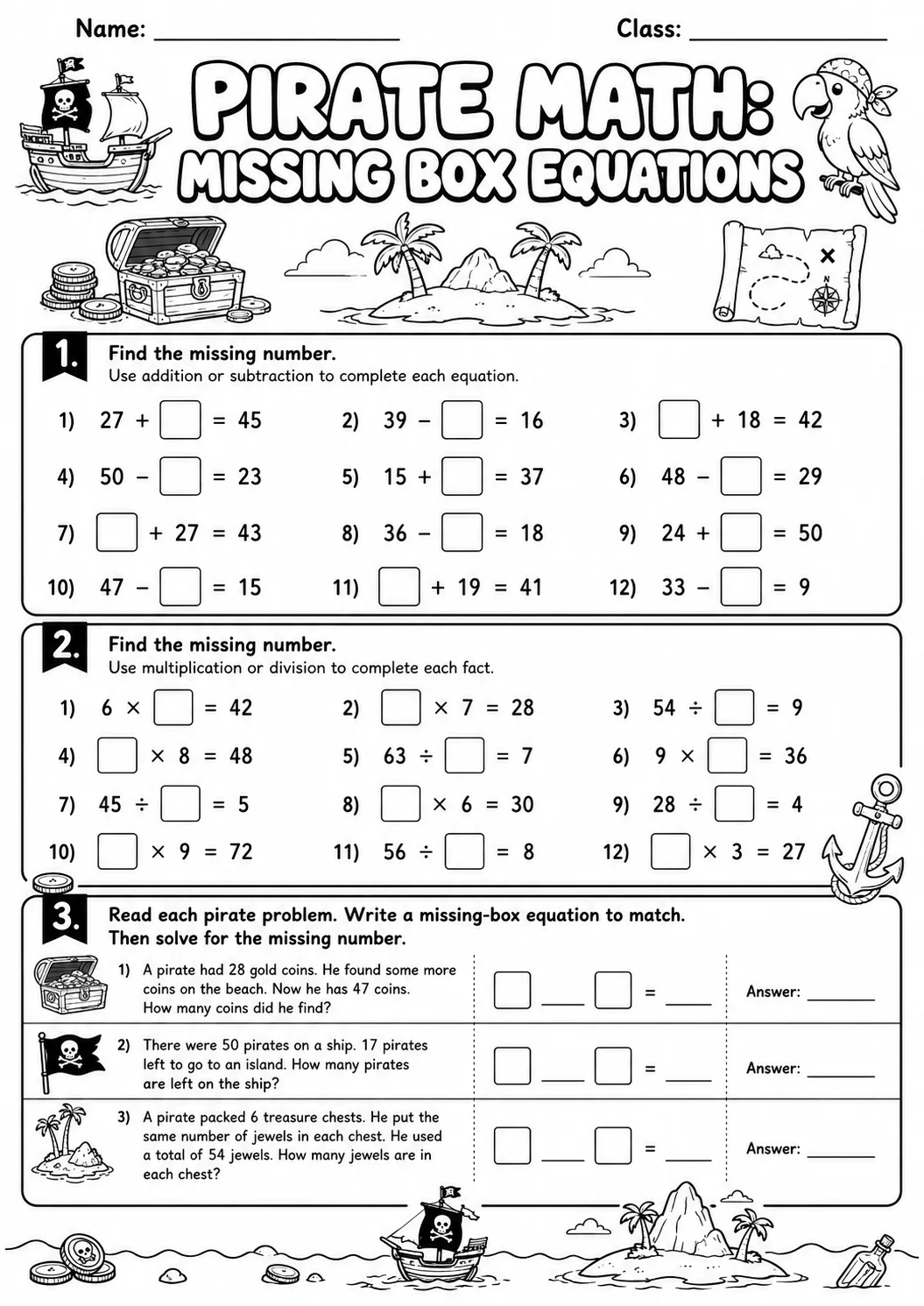 Pirate Math: Missing Box Equations Worksheet Pack page 8 printable Pirate Math preview