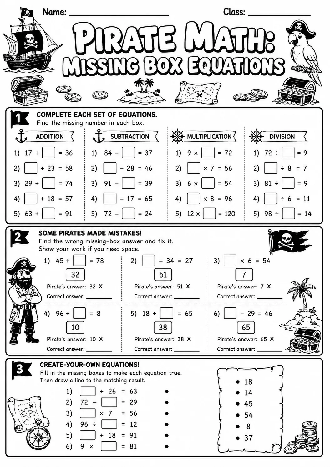 Pirate Math: Missing Box Equations Worksheet Pack page 9 printable Pirate Math preview