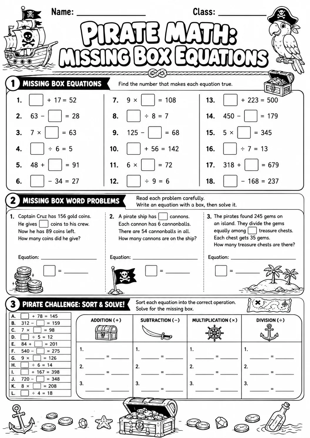 Pirate Math: Missing Box Equations Worksheet Pack page 10 printable Pirate Math preview