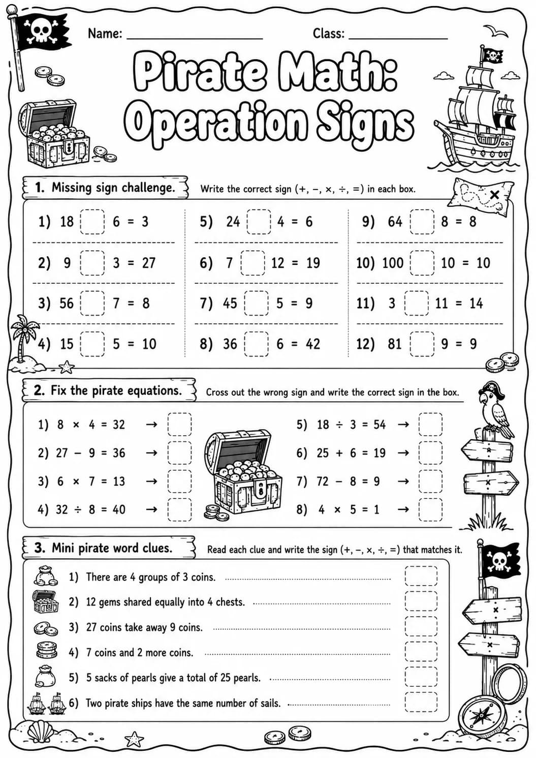 Pirate Math: Multiplication Worksheet Pack page 7 printable Pirate Math preview