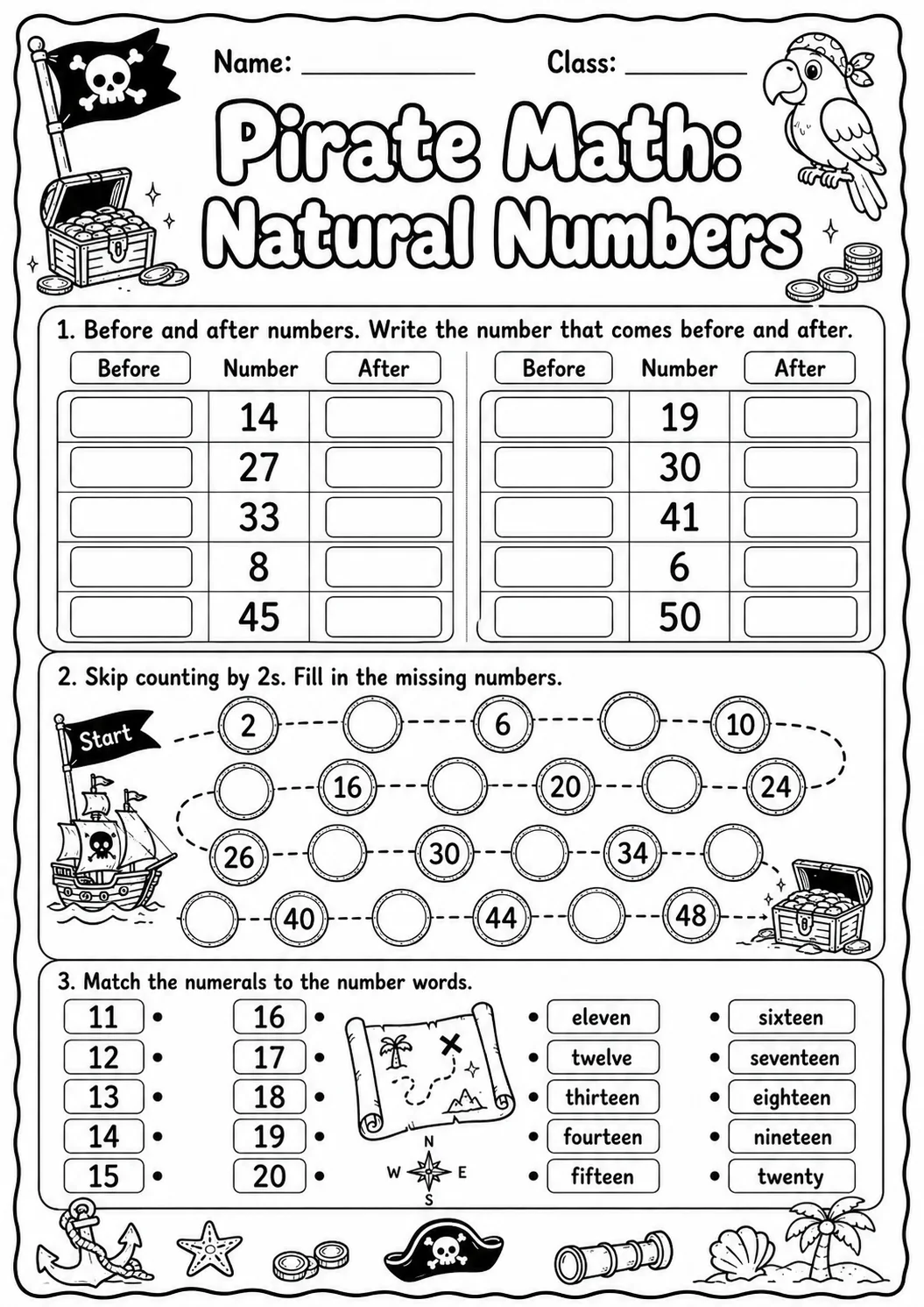 Pirate Math: Number Sequences Worksheet printable Pirate Math worksheet preview from KiwiBee