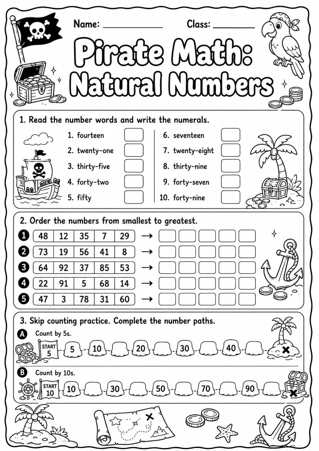 Pirate Math: Number Sequences Worksheet printable Pirate Math worksheet preview from KiwiBee