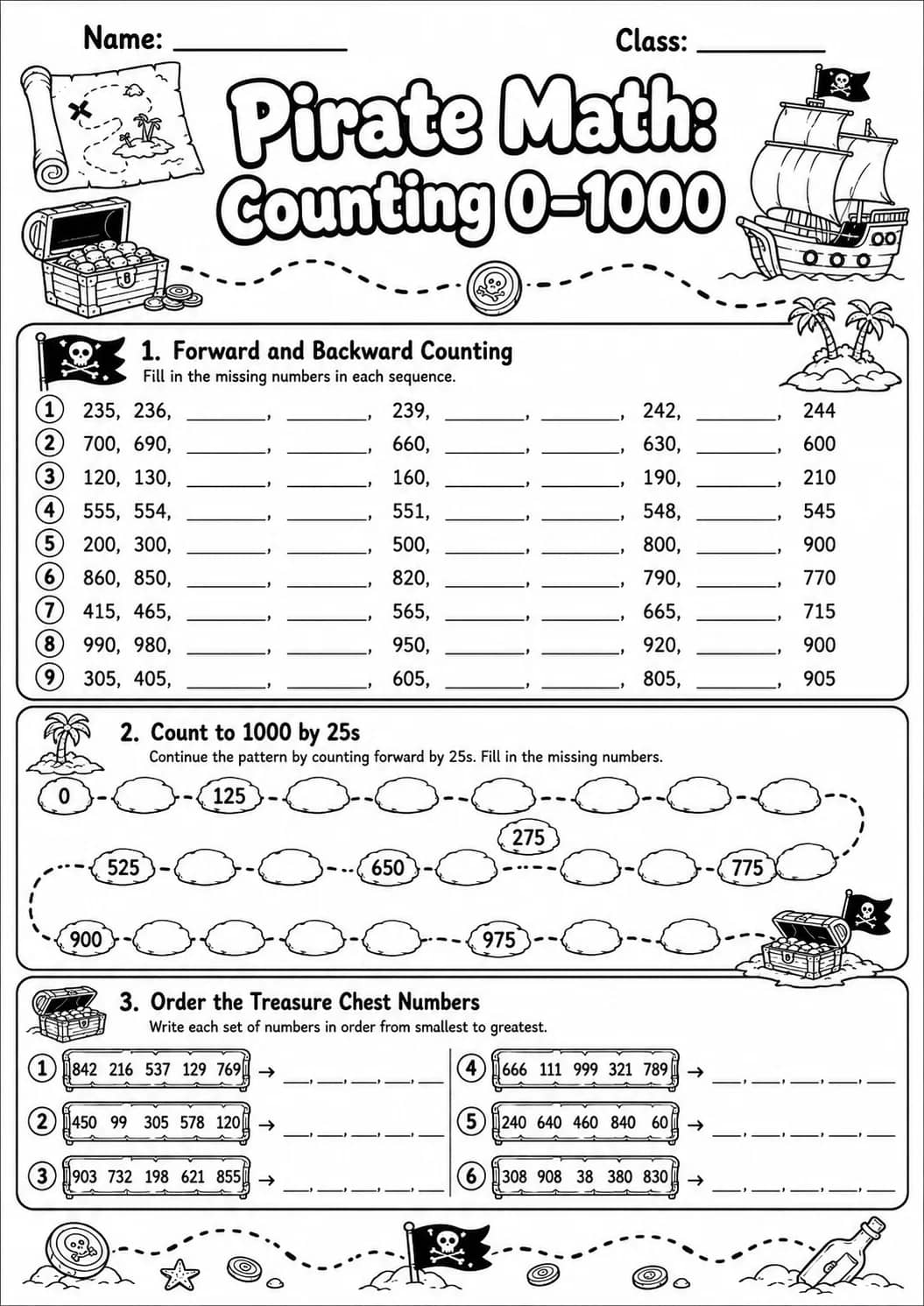 Pirate Math: Number Sequences Worksheet printable Pirate Math worksheet preview from KiwiBee