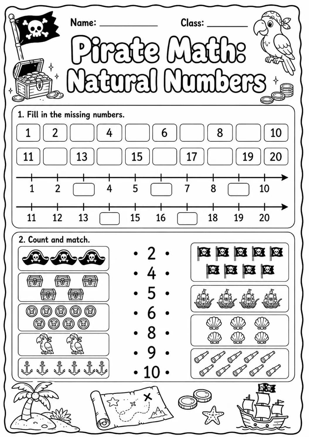 Pirate Math: Number Sequences Worksheet printable Pirate Math worksheet preview from KiwiBee