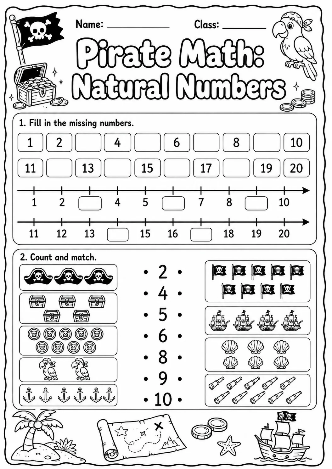 Pirate Math: Number Sequences Worksheet printable Pirate Math worksheet preview from KiwiBee