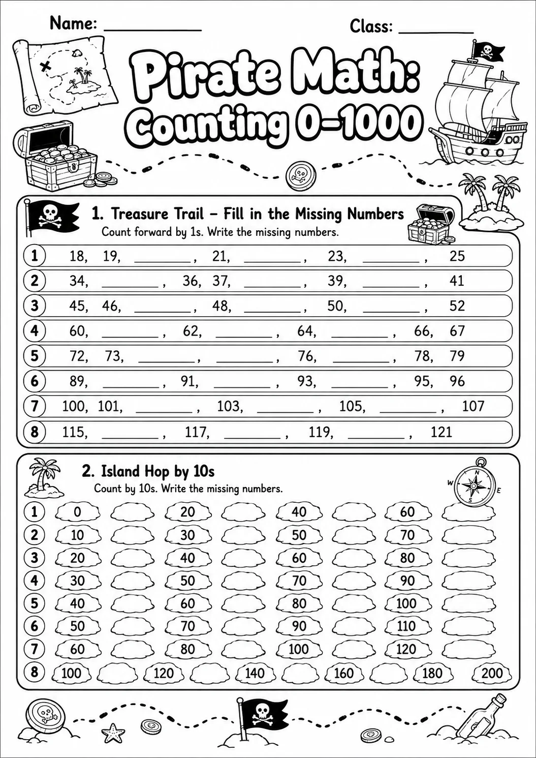 Pirate Math: Number Sequences Worksheet printable Pirate Math worksheet preview from KiwiBee