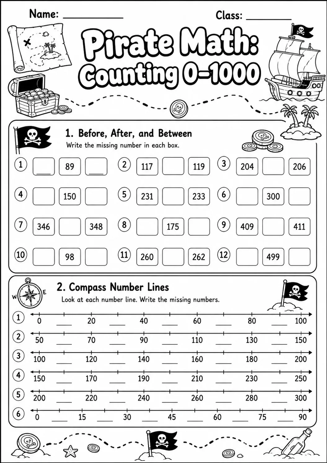 Pirate Math: Number Sequences Worksheet printable Pirate Math worksheet preview from KiwiBee