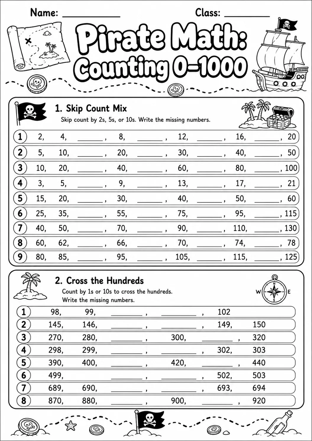 Pirate Math: Number Sequences Worksheet printable Pirate Math worksheet preview from KiwiBee