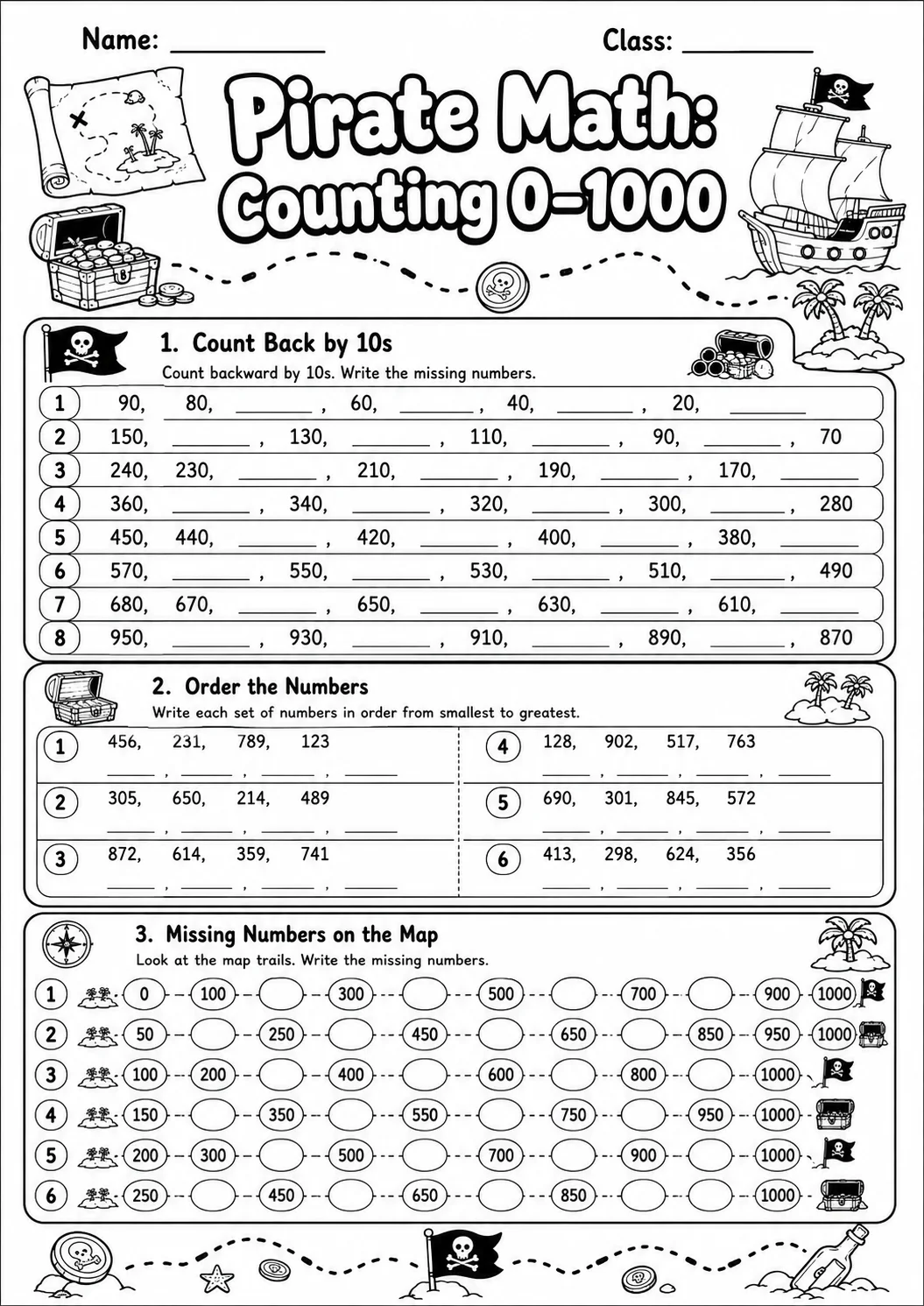 Pirate Math: Number Sequences Worksheet printable Pirate Math worksheet preview from KiwiBee