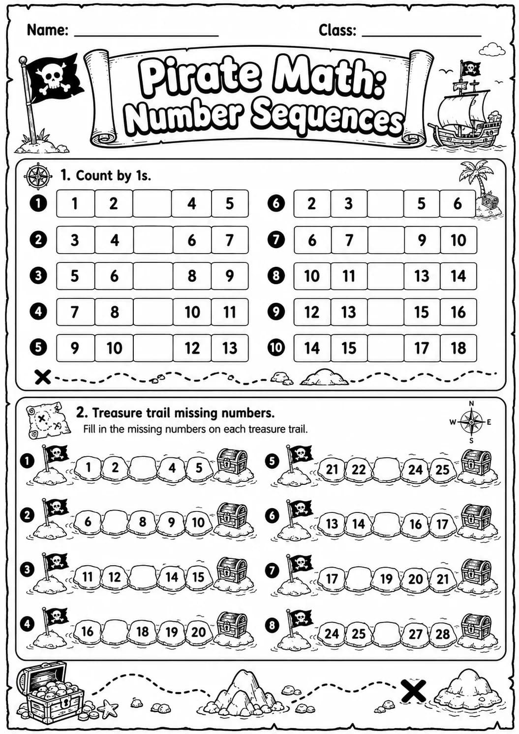 Pirate Math: Number Sequences Worksheet Pack printable Pirate Math worksheet preview from KiwiBee