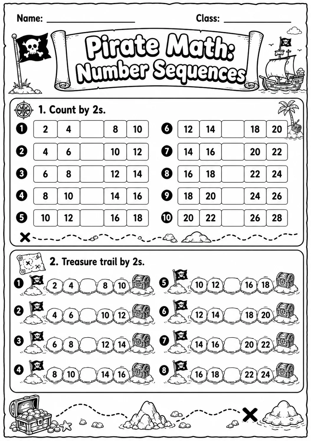 Pirate Math: Number Sequences Worksheet Pack page 2 printable Pirate Math preview