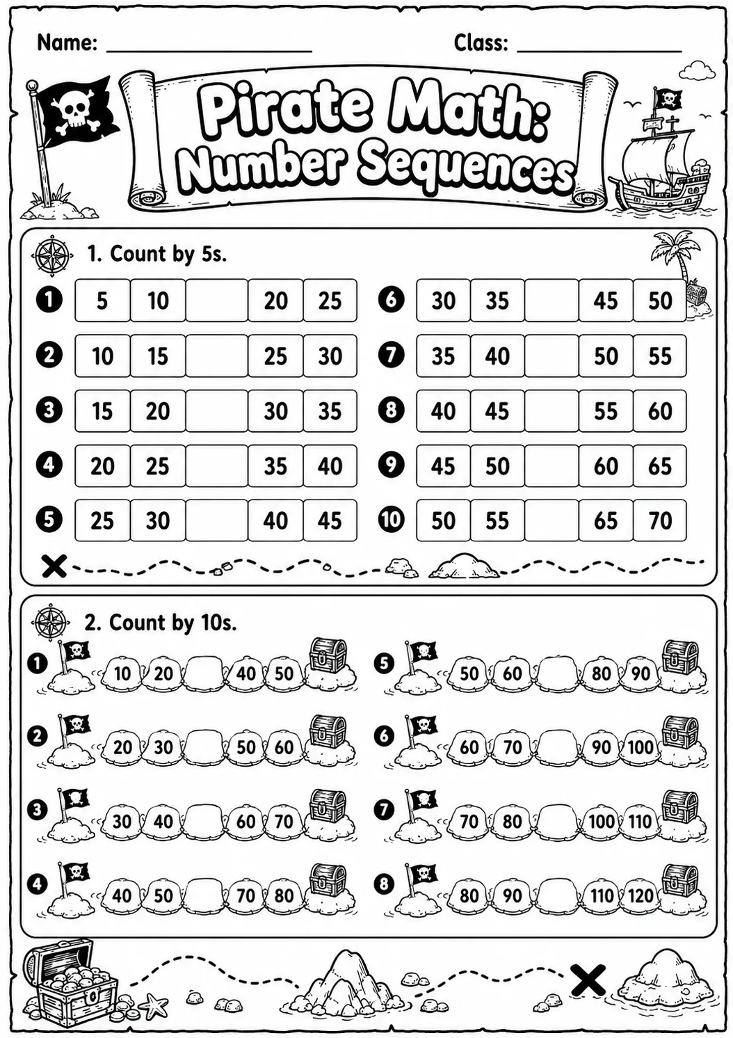Pirate Math: Number Sequences Worksheet Pack page 3 printable Pirate Math preview